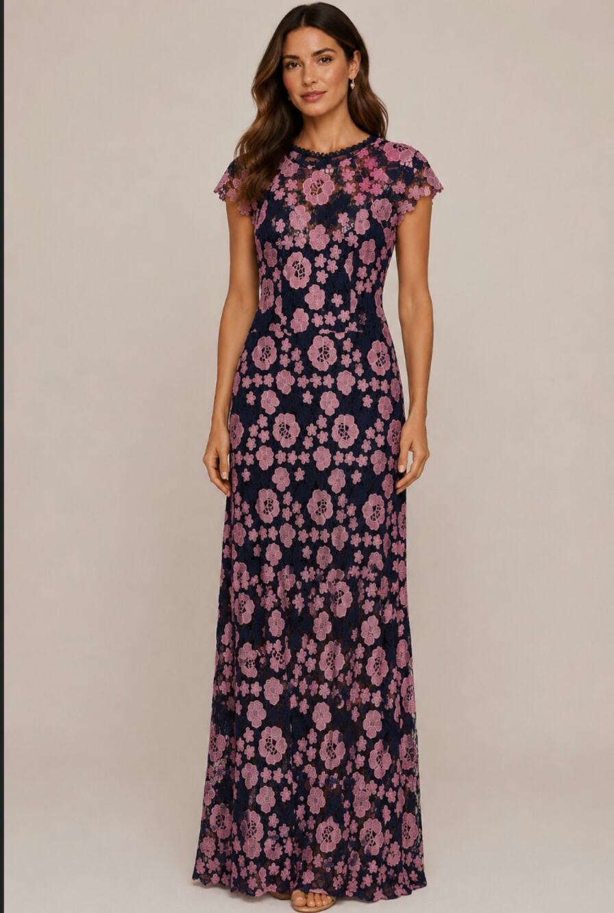 Shoshanna Pink Floral Lace Maxi Gown Crochet Illusion Neck Evening Dress Garden